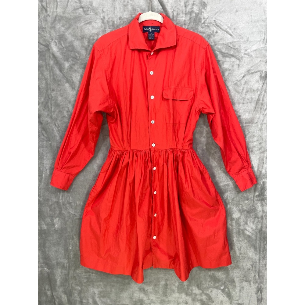 Vtg 90's Ralph Lauren Size 6 Shirt Dress Red Cotton Long Sleeve Pleated Pockets